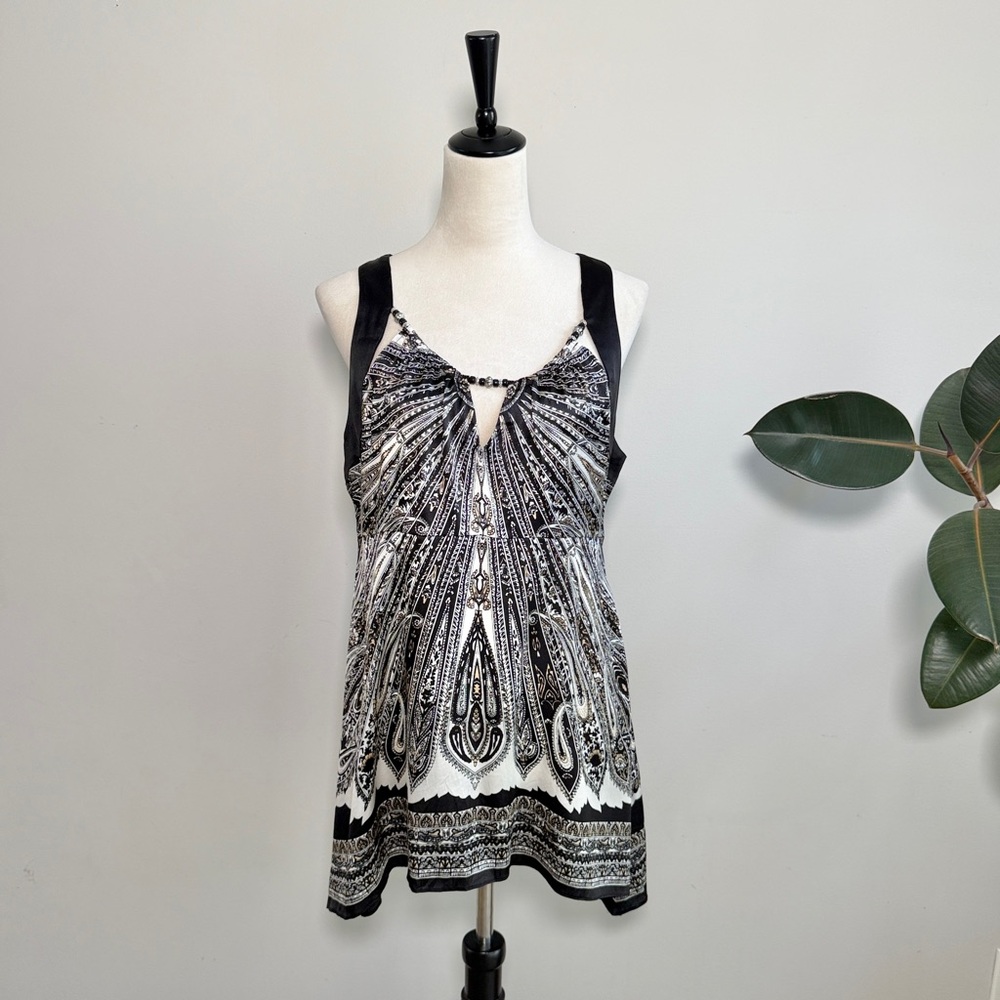 Cache Y2K Silk Cutout Beaded Paisley Babydoll Top